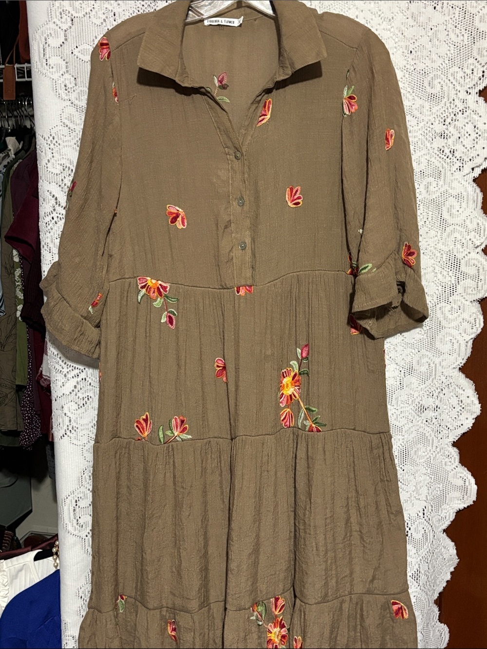 Relaxed Brown Embroidered Tiered Midi Dress by Figueroa & Flower